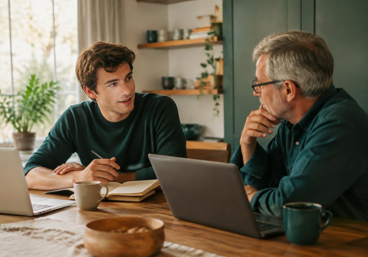 A young man talking with an older mentor over coffee