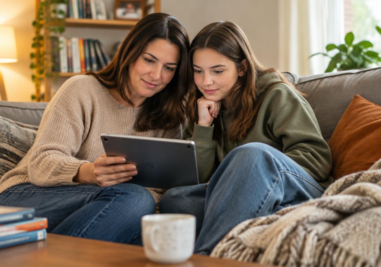 A parent and teen reviewing mentor programs on a tablet